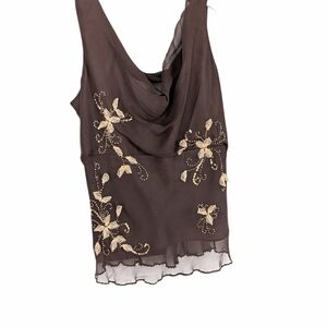 Mixit Chocolate Brown Beaded Cowl Neck Blouse, Size 14